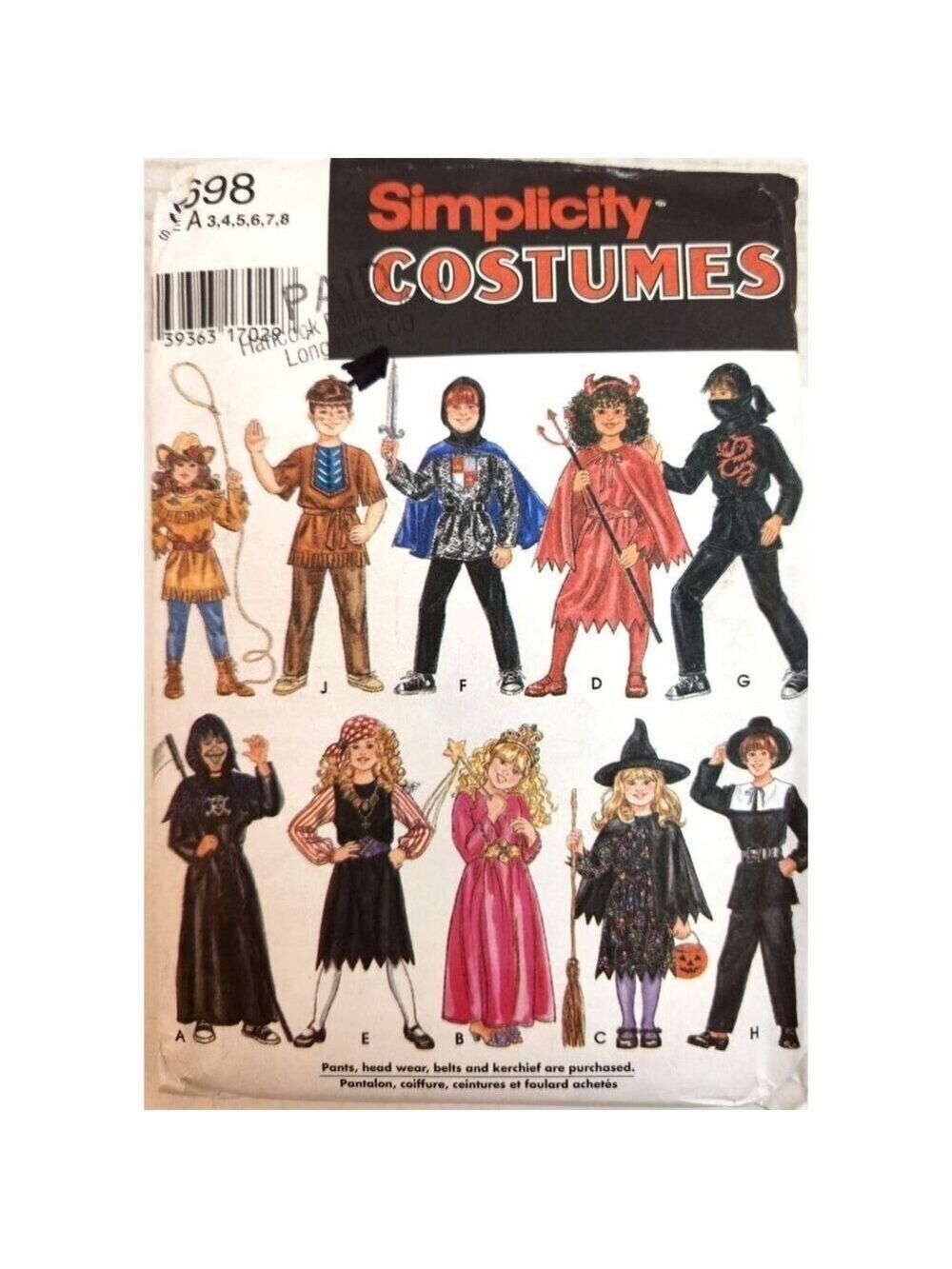 Simplicity 9698 Costume Sewing Pattern For Kids Size 3-8 Halloween & Theme Costu